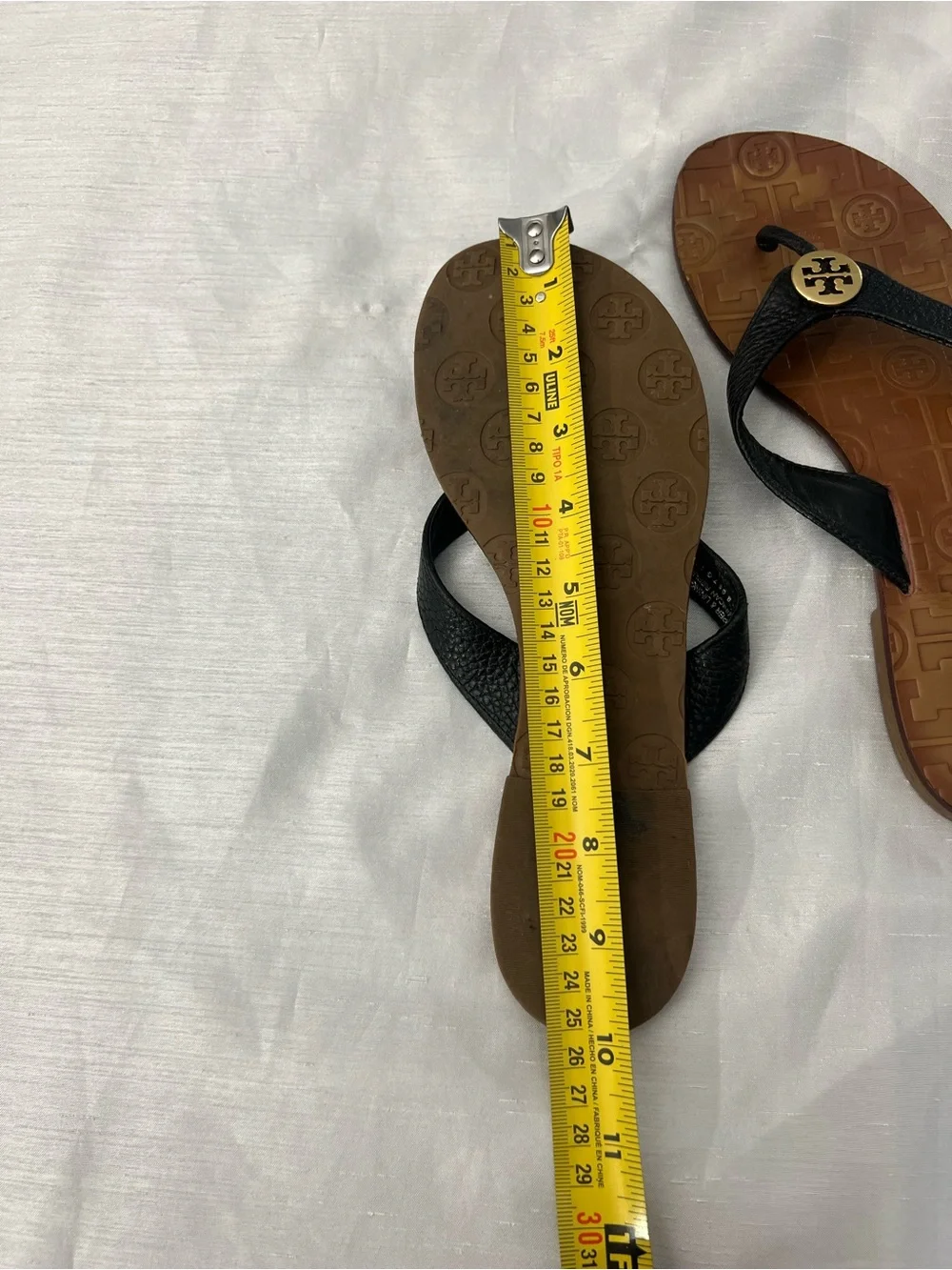 Tory Burch Black Strappy Logo Thong Sandals with Brown Footbed